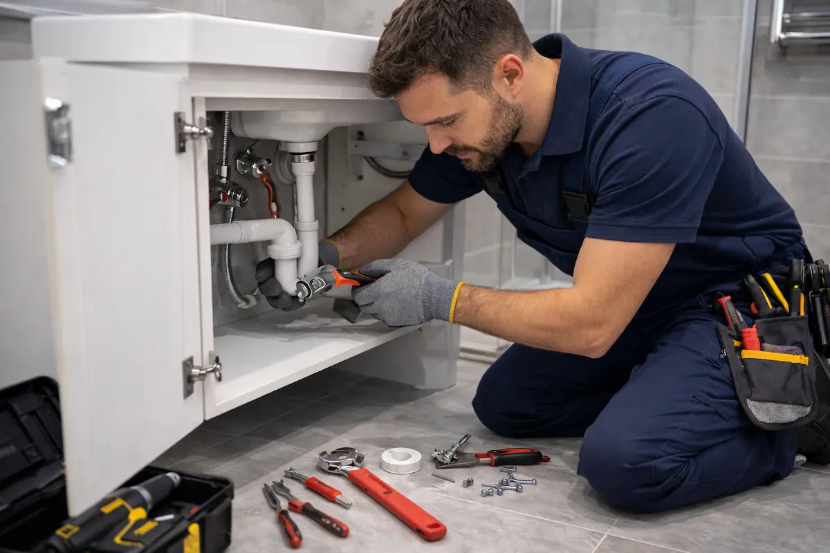 Instalator profesionist care repară instalația sanitară și țevile de sub chiuvetă