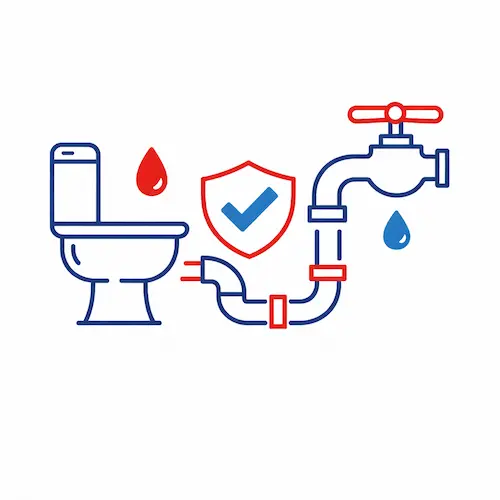 Icon cu instalație sanitară stilizată: vas WC, țevi, robinet și simbol de siguranță pentru apă și canalizare