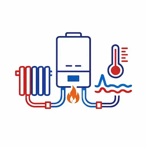 Icon cu instalație termică stilizată: centrală termică, calorifer și țevi pentru distribuția agentului termic