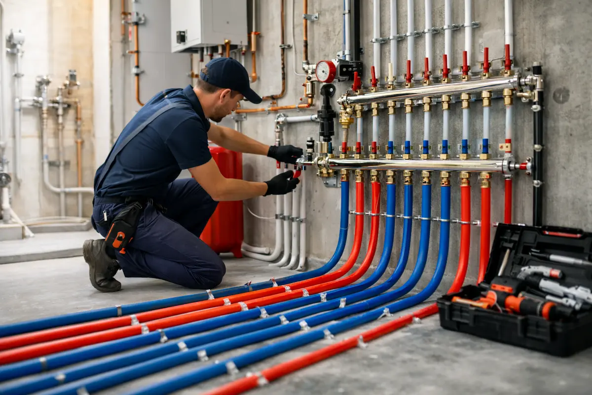 Instalator lucrează la un distribuitor de apă și montează trasee PEX pentru instalația sanitară într-o locuință