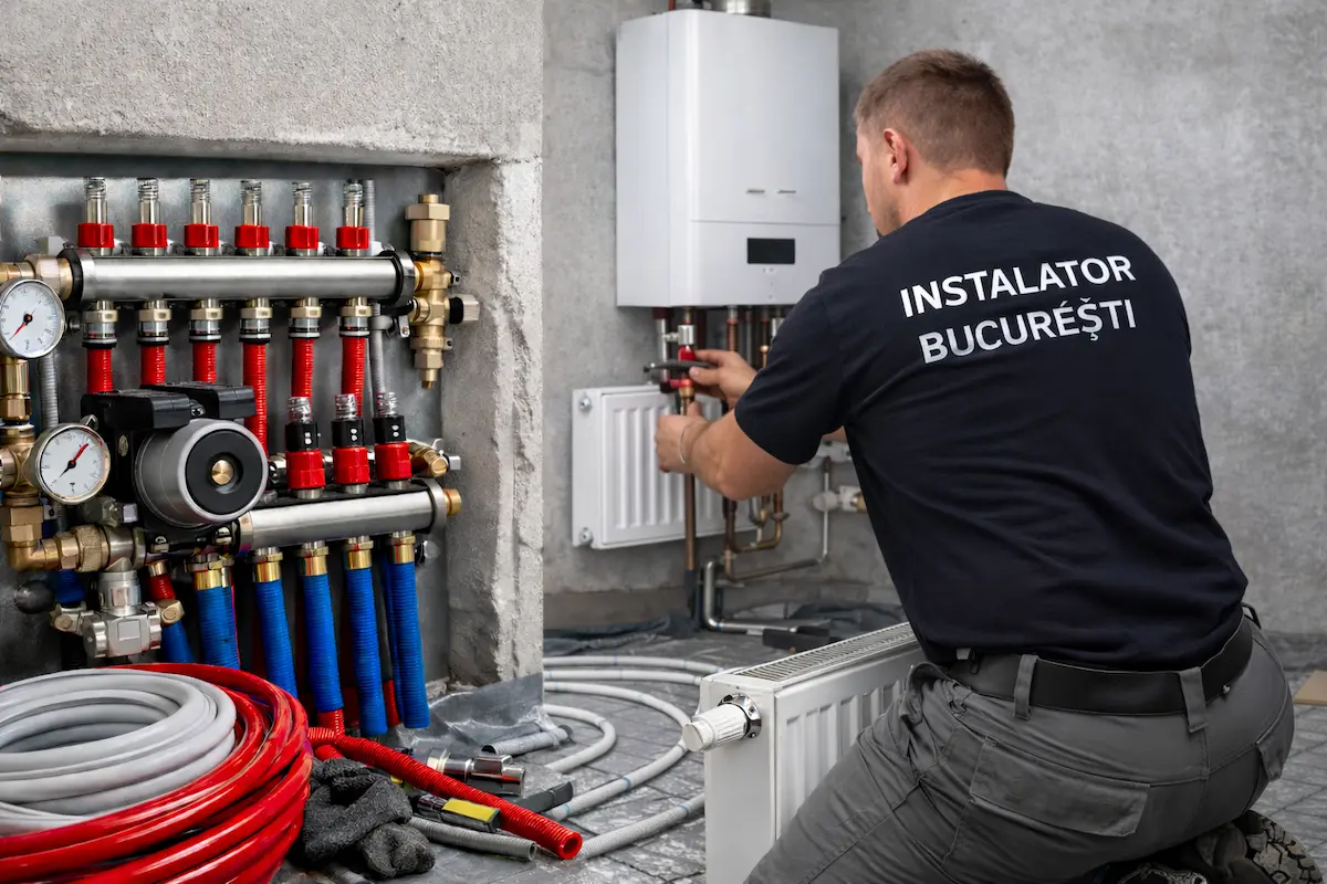 Instalator lucrează la racordarea unei centrale termice și a unui calorifer într-o instalație de încălzire din locuință
