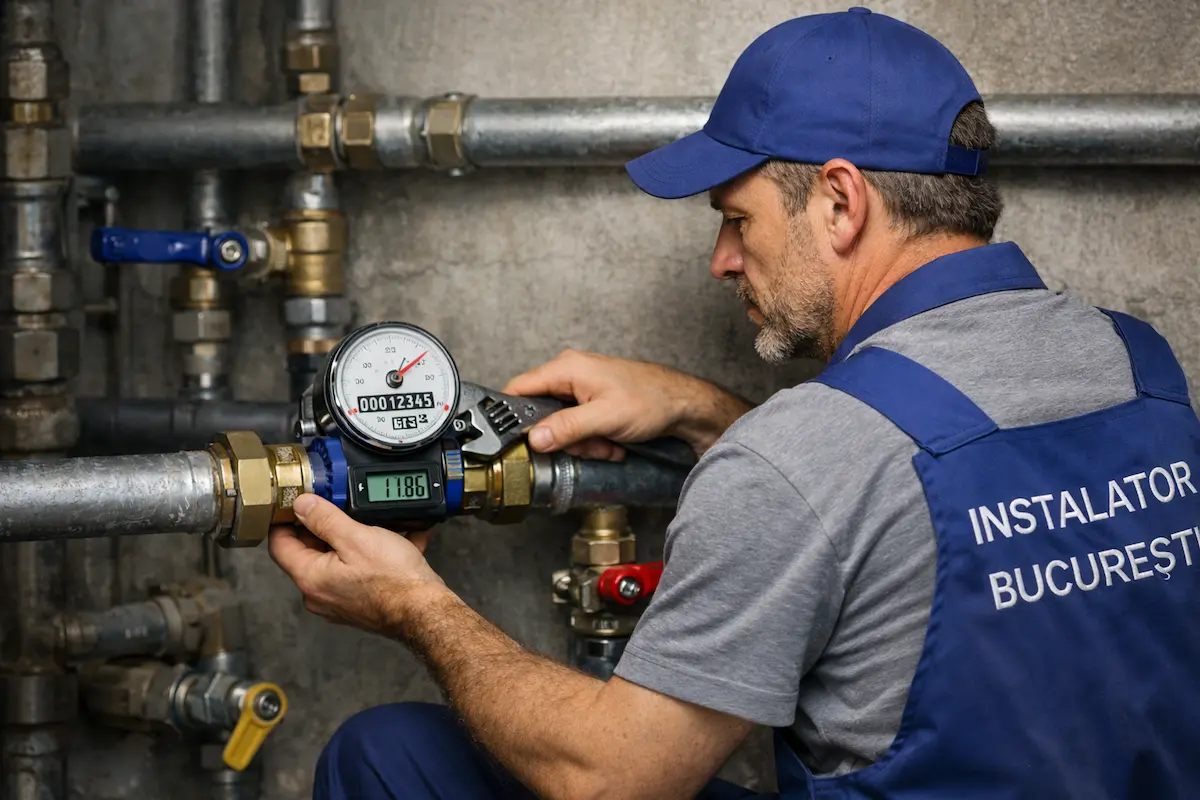 Instalator strânge racordul metalic al unui apometru folosind o cheie pentru țevi, în timpul montajului într-o locuință