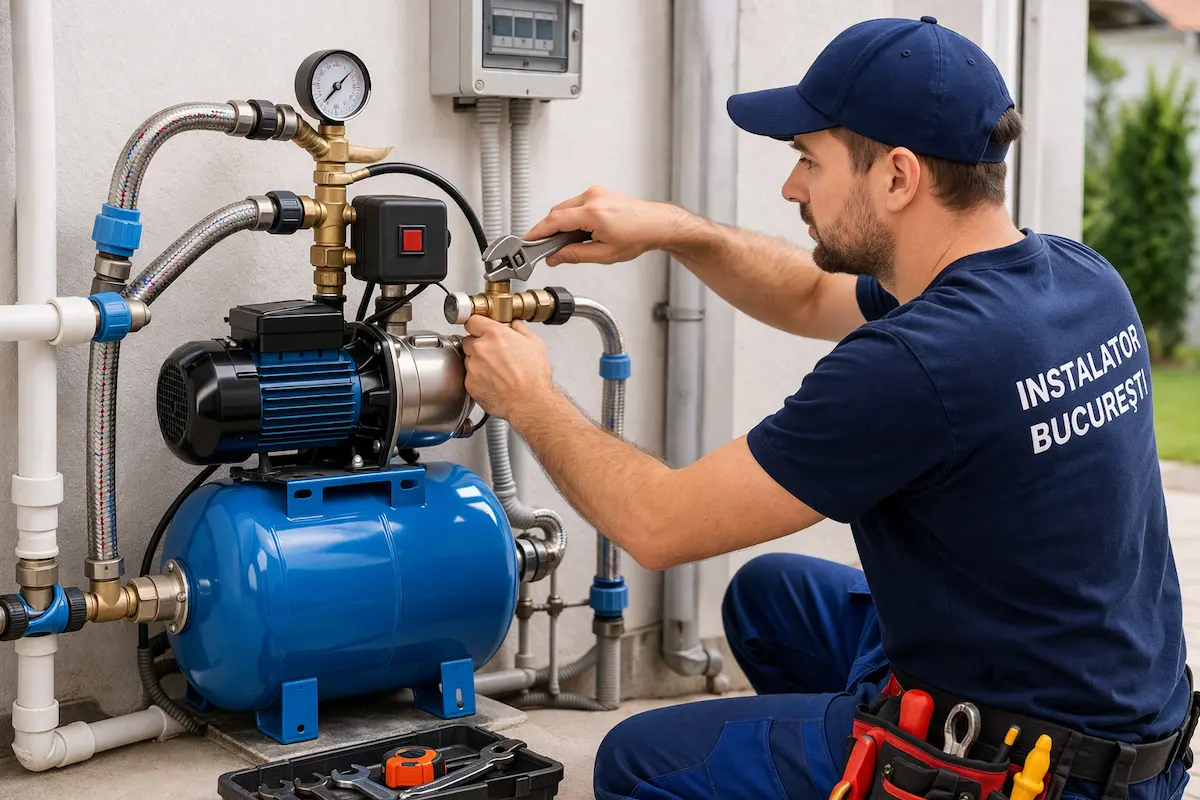 Instalator reglează presiunea unui hidrofor și realizează racordurile la sistemul de alimentare cu apă într-o locuință