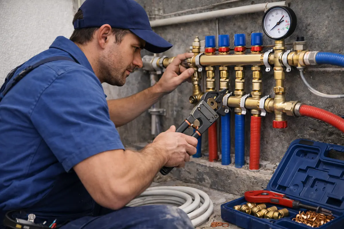 Instalator montează distribuitor pentru rețele de apă rece și caldă într-un apartament din București