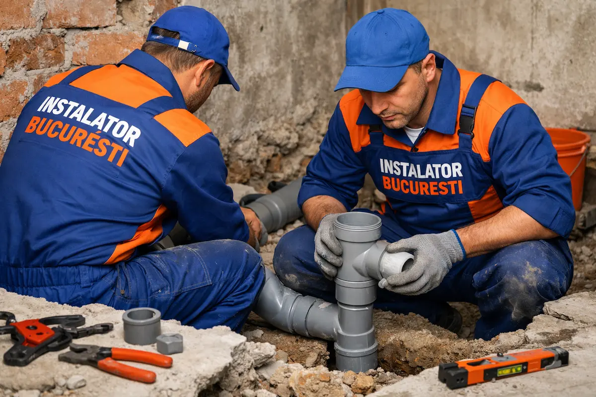 Instalatori montează rețele de canalizare cu țevi PVC într-un imobil din București
