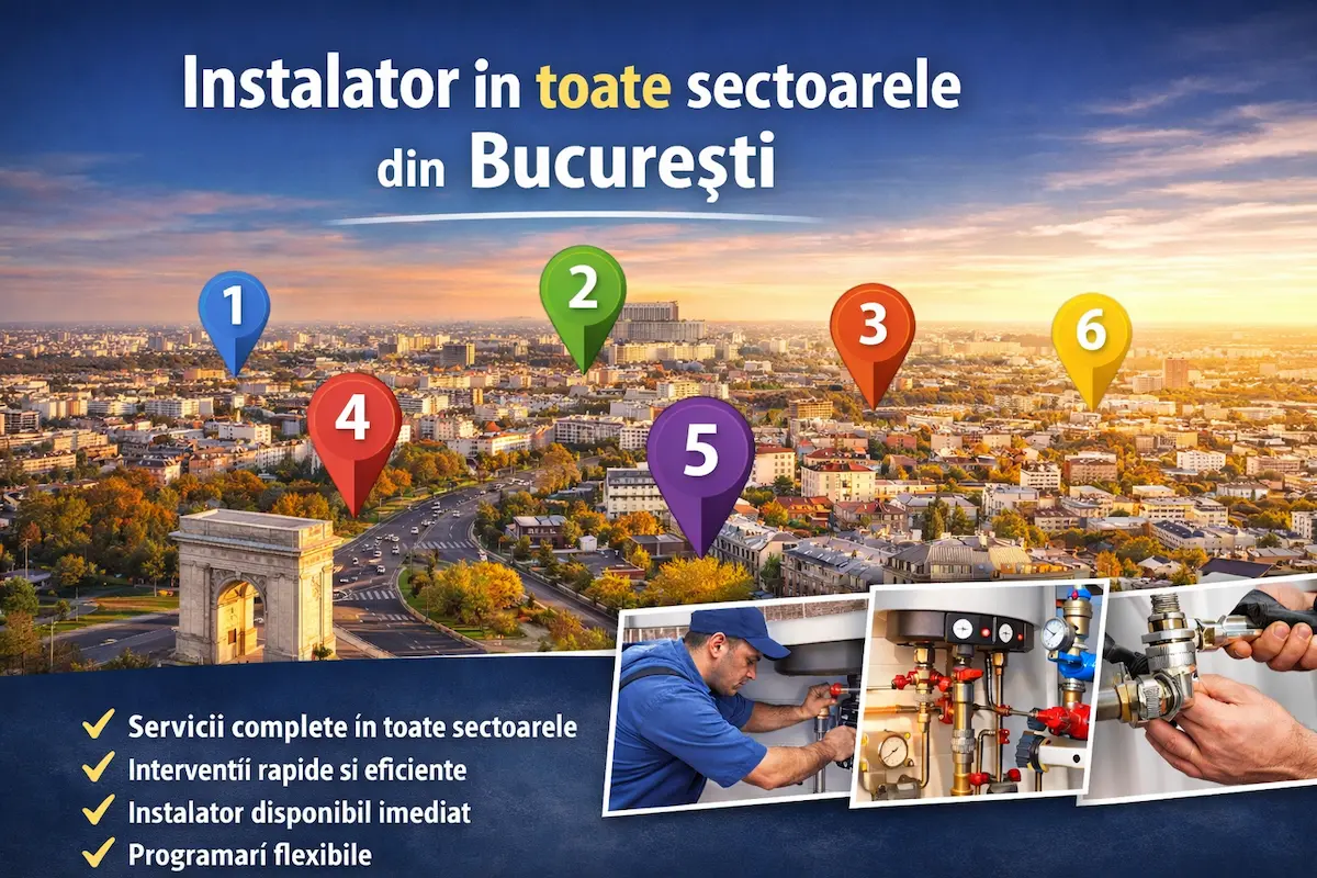 Instalator în toate sectoarele din București – servicii instalații Instalator oferă servicii de instalații în toate sectoarele din București, ilustrate prin harta orașului și lucrări de instalații sanitare și termice