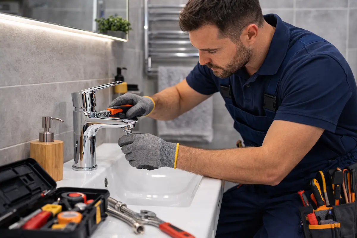 Instalator profesionist care montează o baterie de chiuvetă folosind unelte profesionale