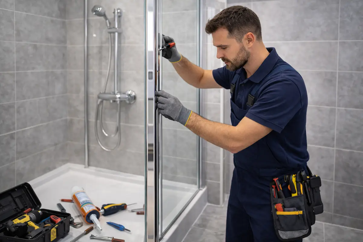 Instalator profesionist care montează o cabină de duș din sticlă într-o baie modernă