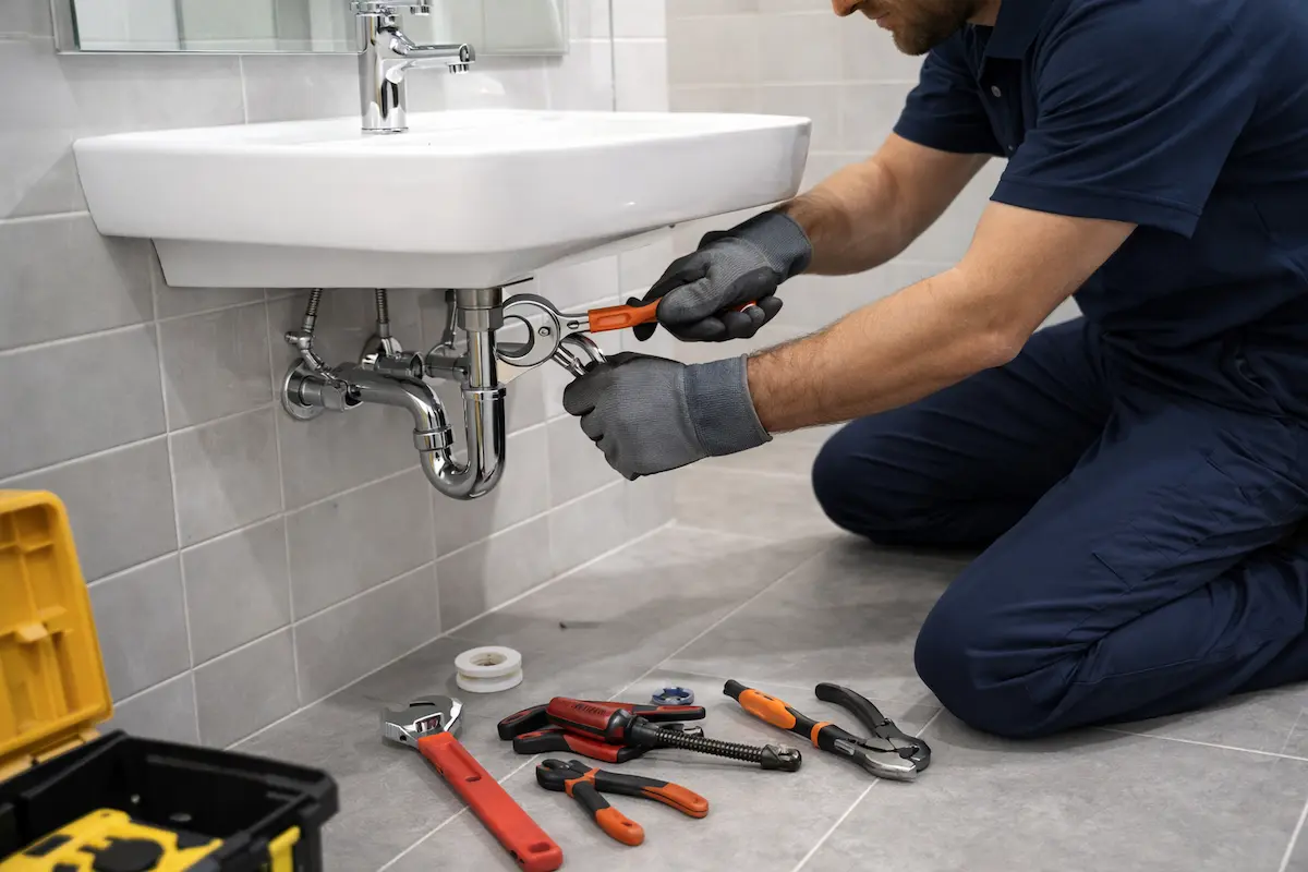 Instalator profesionist care realizează montaj lavoar și chiuvetă