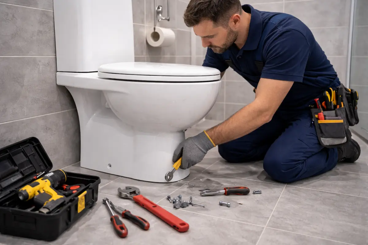 Instalator profesionist care realizează montajul unui vas WC într-o baie modernă