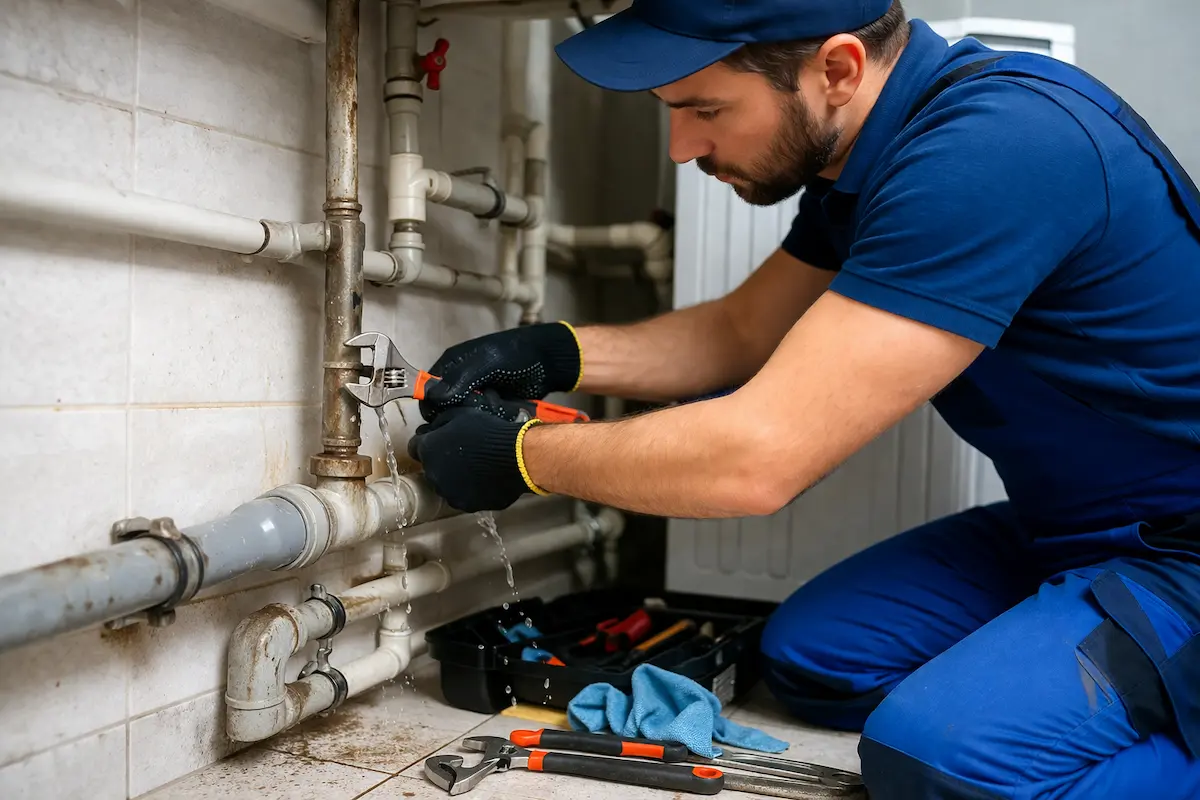 Instalator din București care repară și înlocuiește țevi defecte într-o instalație sanitară