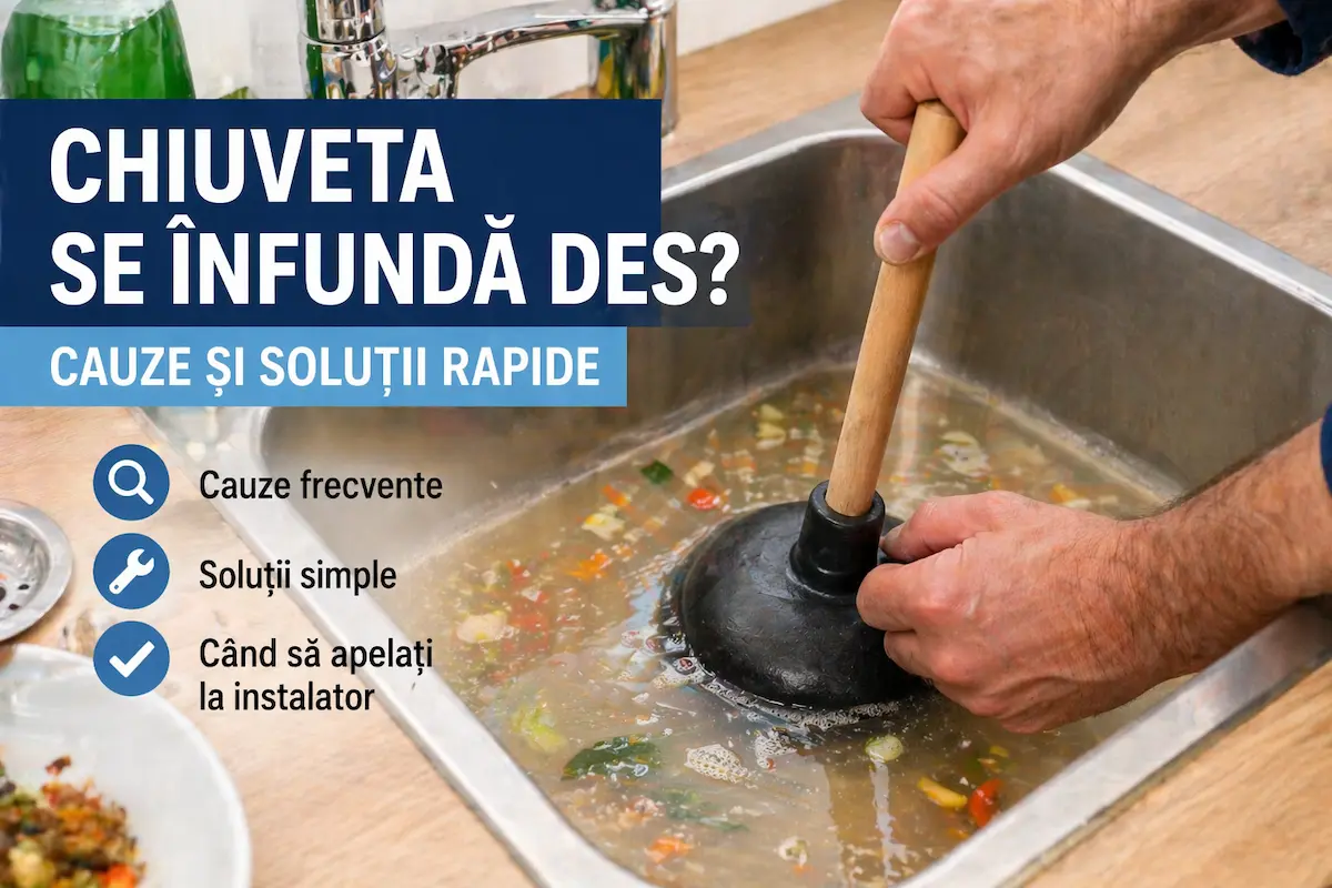 Chiuvetă înfundată în bucătărie, curățată cu ventuză pentru a elimina blocajul din instalația sanitară