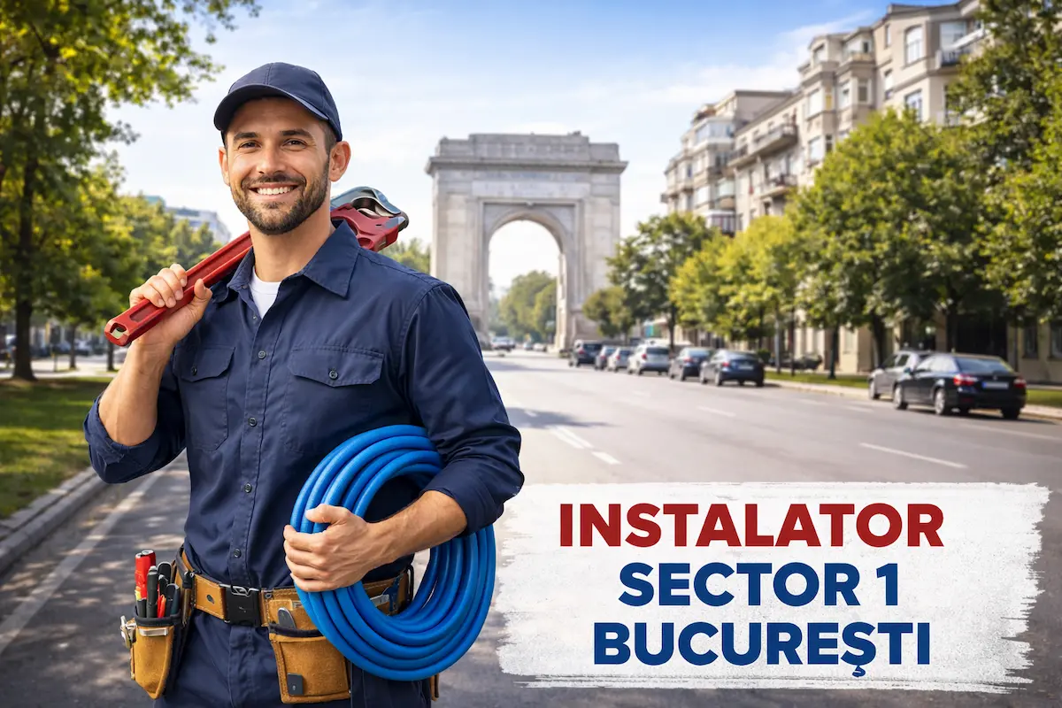 Instalator profesionist în Sector 1 București, pregătit pentru intervenții rapide, pe o stradă din oraș, cu echipament și unelte specifice