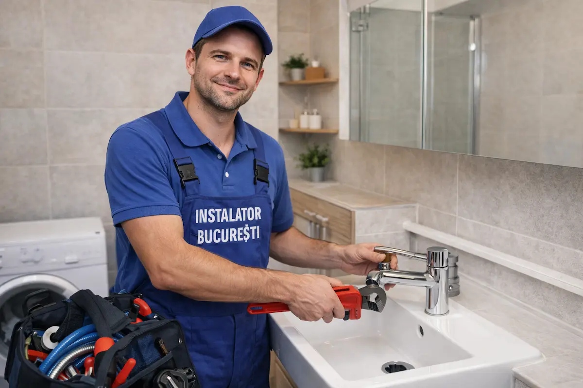 Instalator în Sector 3 București montând o baterie sanitară într-o baie modernă, folosind unelte profesionale și echipament specific