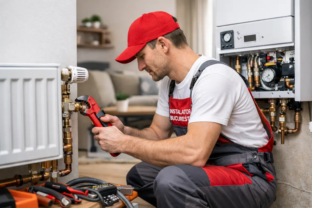 Instalator în Sector 4 București lucrând la o instalație termică, folosind unelte profesionale pentru reglaj și verificare instalație