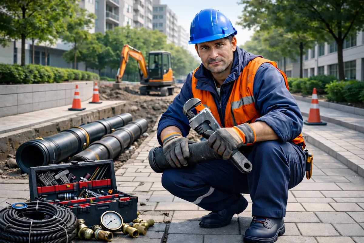 Instalator în Sector 5 București realizând lucrări de instalații sanitare și canalizare într-o zonă rezidențială