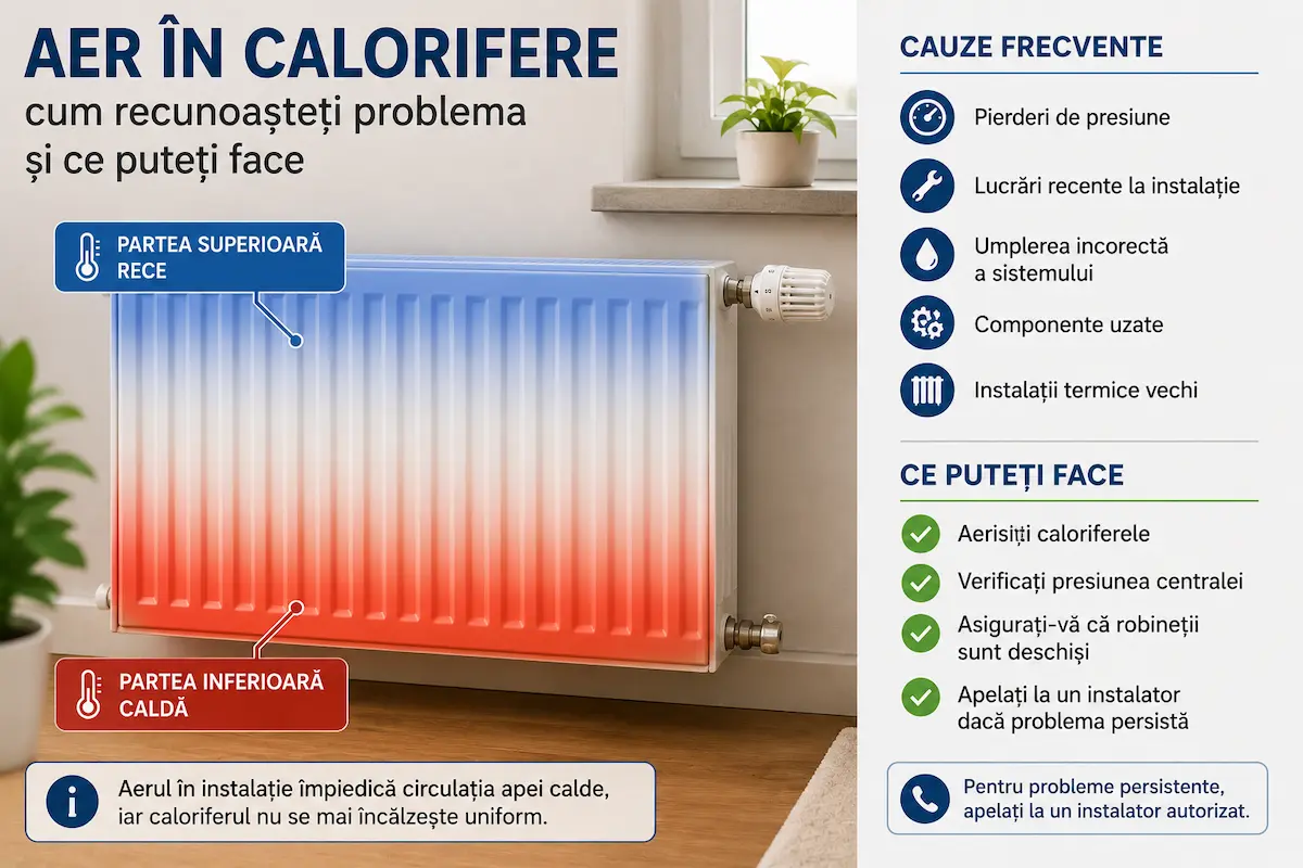 Aer în calorifere – cum recunoașteți problema și ce puteți face Calorifer cu aer în instalație, rece în partea superioară și cald în partea inferioară, explicând cauzele și soluțiile problemei