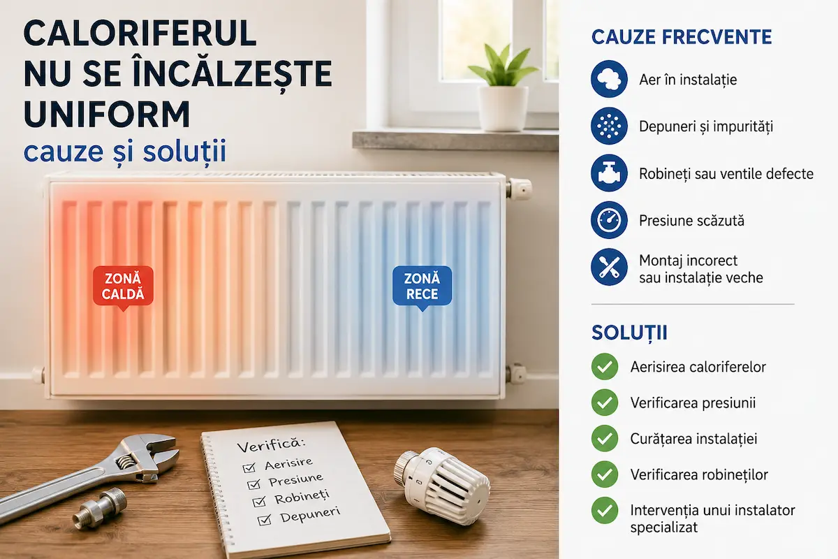 Calorifer care se încălzește neuniform într-un apartament, cu explicații despre cauze și soluții pentru instalația termică