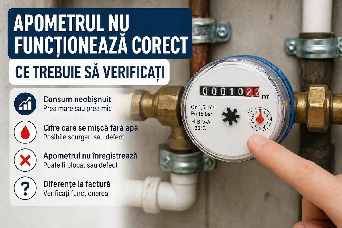 Apometru montat pe instalația de apă, verificat pentru funcționare corectă și consum înregistrat