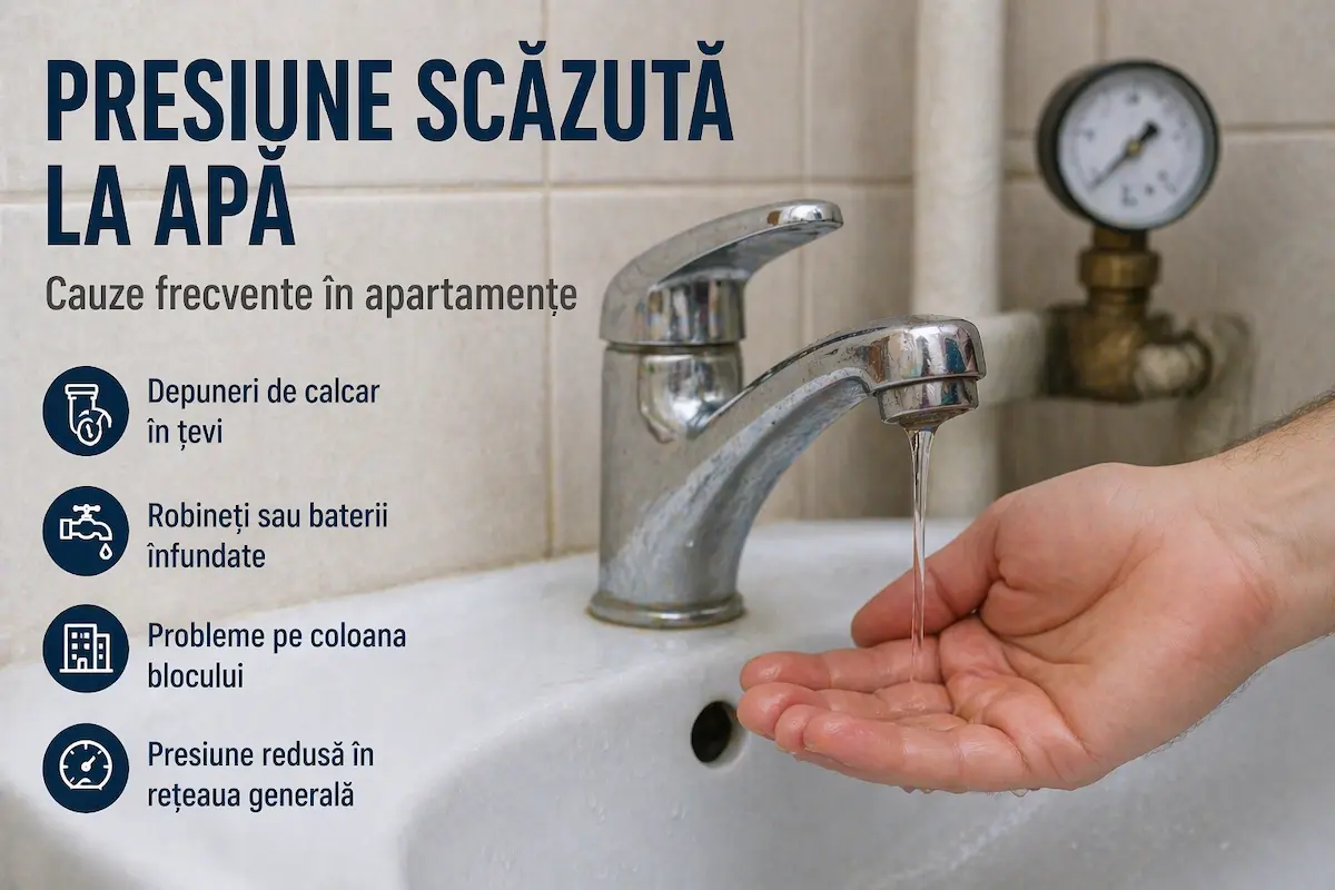 Presiune scăzută la robinet, cu jet slab de apă, cauzată de probleme în instalația sanitară