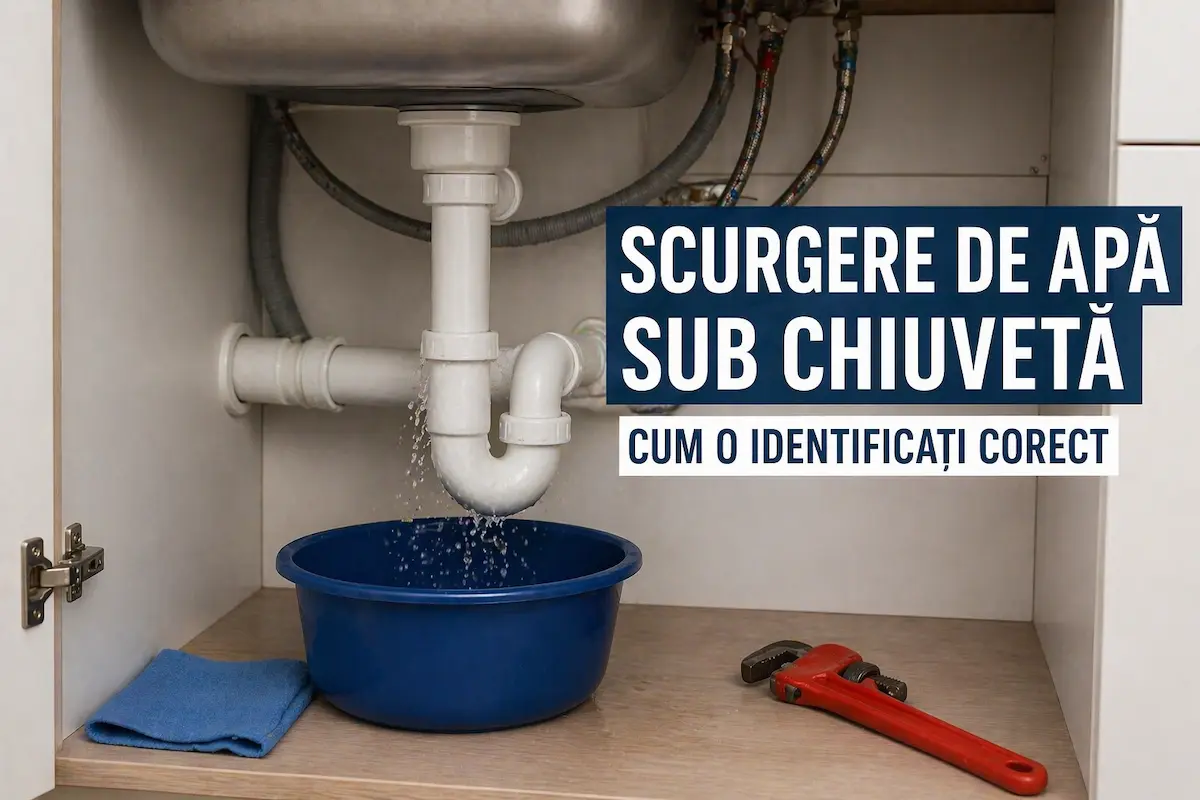 Scurgere de apă la sifonul chiuvetei, cu apă care picură din țeavă în dulapul de sub chiuvetă
